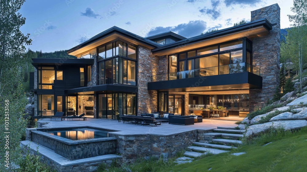 Modern Stone and Glass Home with Pool and Patio Modern Stone and Glass Home with Pool and Patio