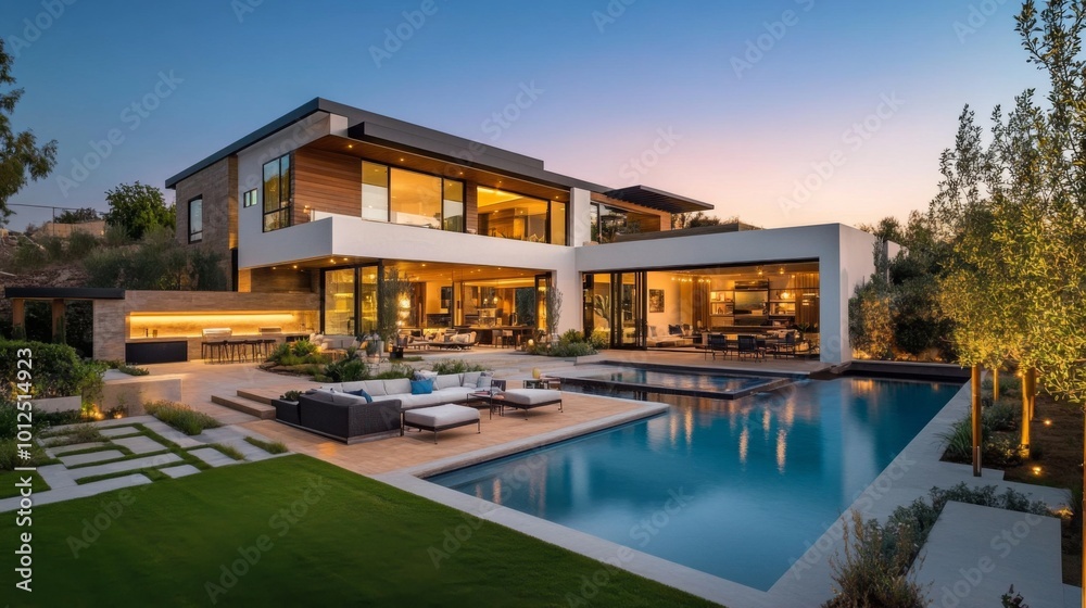 Modern Luxury Home with Pool and Patio at Dusk Modern Luxury Home with Pool and Patio at Dusk