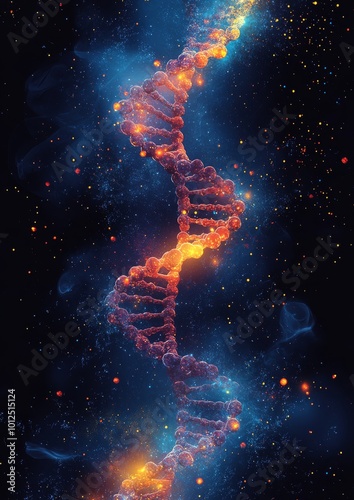 A vibrant digital illustration of a DNA double helix, glowing with cosmic colors against a dark starry background.