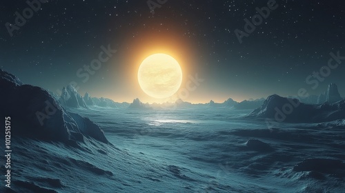 A luminous full moon rises over a serene, otherworldly icy landscape under a starry sky.