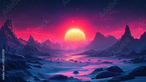 Vivid alien landscape at sunset with vibrant colors and rugged terrain.