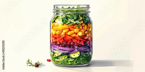 Colorful layers of fresh vegetables in a glass jar