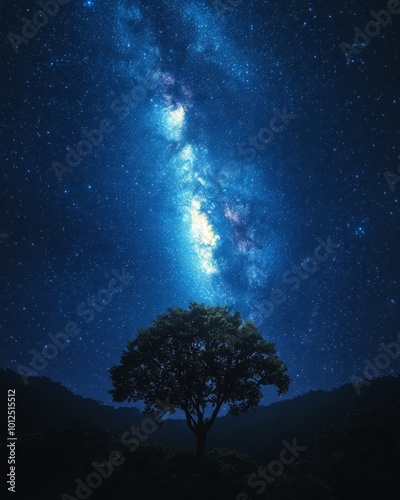 Majestic tree silhouetted against a sparkling Milky Way night sky.