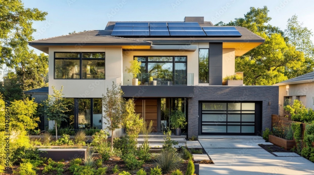 Modern House with Solar Panels and Lush Landscaping Modern House with Solar Panels and Lush Landscaping