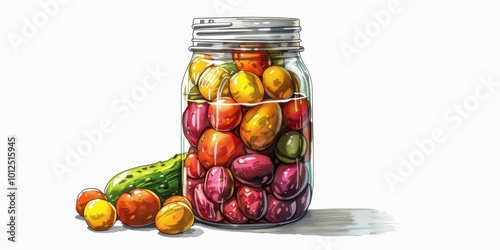 Colorful pickled vegetables in a glass jar on a table