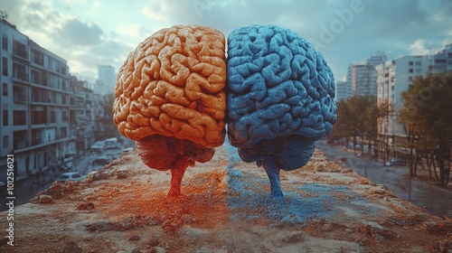 Vibrant human brains sculpture split into warm and cool colors stands on cityscape backdrop.