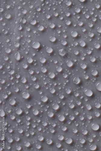 Water drops on gray background, top view