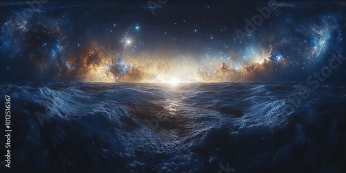 Stunning cosmic ocean scene with starry sky and glowing horizon.