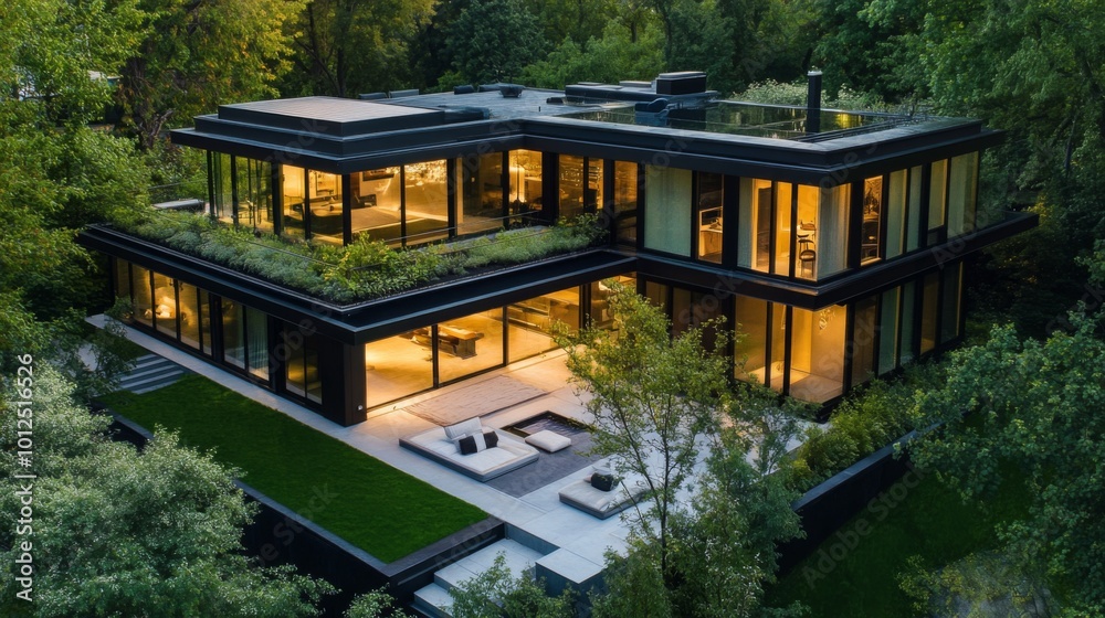 Modern Black House with Illuminated Windows and Green Roof Modern Black House with Illuminated Windows and Green Roof