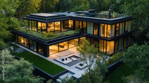 Modern Black House with Illuminated Windows and Green Roof