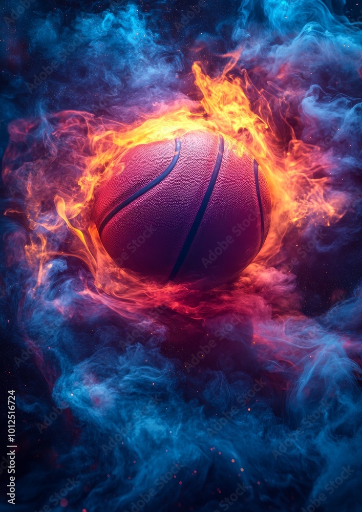A basketball engulfed in vibrant flames and swirling smoke, symbolizing intensity and energy. A basketball engulfed in vibrant flames and swirling smoke, symbolizing intensity and energy.