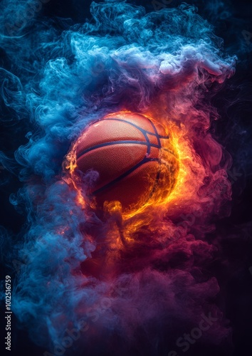 A basketball engulfed in vivid flames and smoke, symbolizing energy and passion in sports.