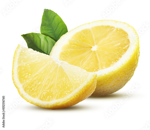 Fresh juicy lemon and green leaves isolated on white