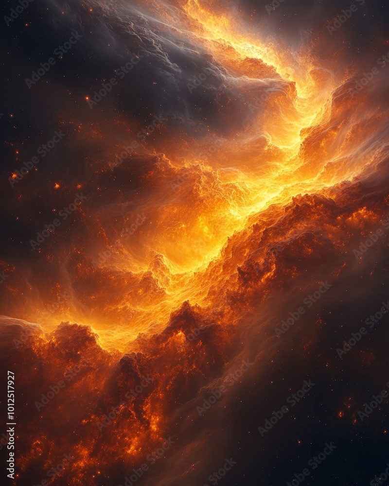 Fiery cosmic nebula illuminates the universe with vibrant orange and yellow hues. Fiery cosmic nebula illuminates the universe with vibrant orange and yellow hues.