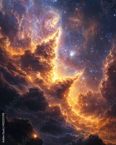 Celestial landscape with vibrant nebula and distant stars illuminating the night sky.