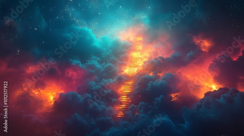 A purple sky with a rainbow and a staircase.