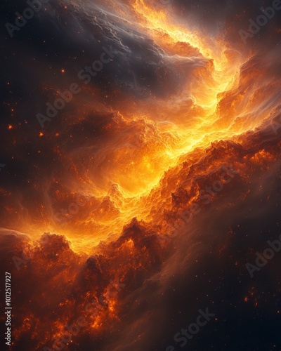 Fiery cosmic nebula illuminates the universe with vibrant orange and yellow hues.