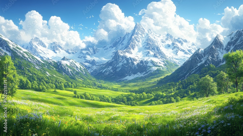 Serene mountain landscape with lush green valley and snow-capped peaks under a clear blue sky. Serene mountain landscape with lush green valley and snow-capped peaks under a clear blue sky.