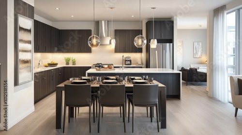 Modern kitchen with dark wood cabinets and a white countertop, with a dining table and four chairs, and a living room area in the background.