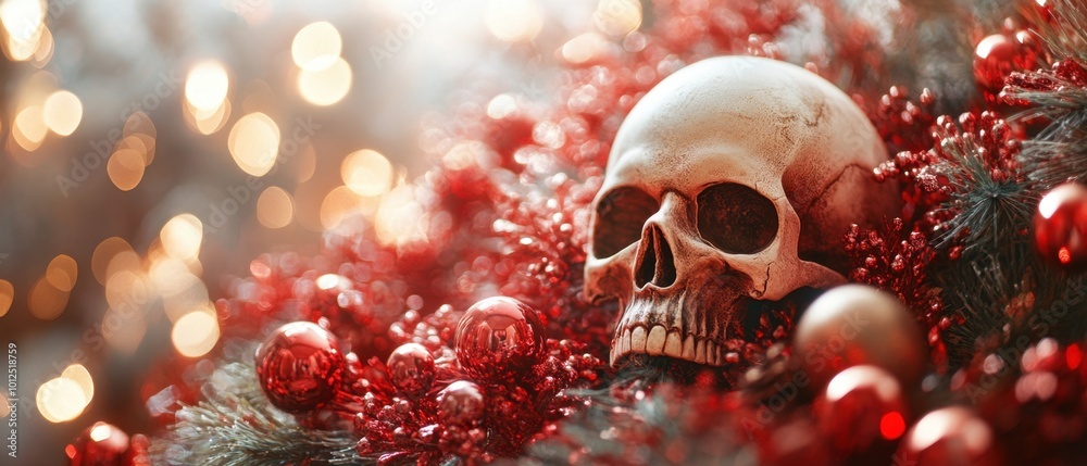 A skull adorned with festive ornaments in winter A skull adorned with festive ornaments in winter
