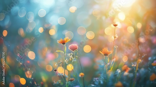 A field of wildflowers bathed in warm sunlight, creating a dreamy and idyllic scene.