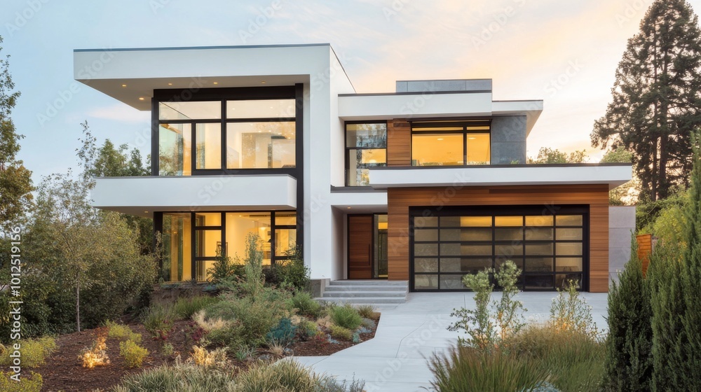 Modern Two-Story House with Wood Accents and a Concrete Patio Modern Two-Story House with Wood Accents and a Concrete Patio
