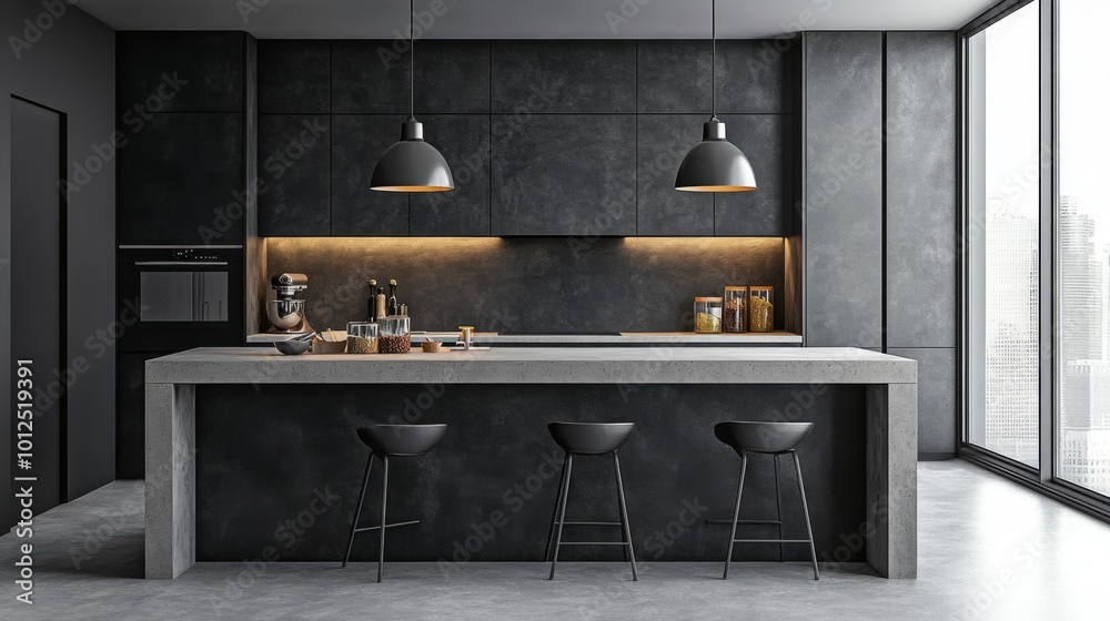 Modern Minimalist Kitchen Island with Bar Stools and City View Modern Minimalist Kitchen Island with Bar Stools and City View