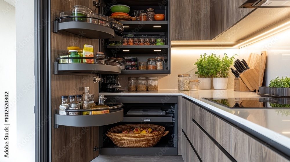 Modern Kitchen Cabinet with Rotating Shelves and Storage Modern Kitchen Cabinet with Rotating Shelves and Storage