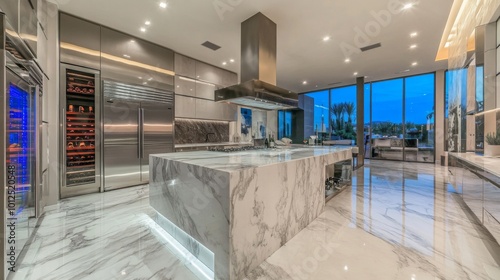 Modern Kitchen with Marble Island and Stainless Steel Appliances photo