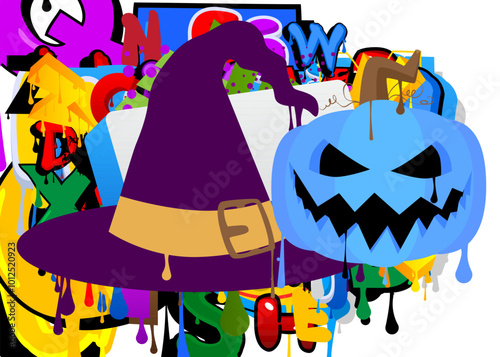Witch's Hat and Jack O' Lantern  Graffiti tag. Abstract modern street art decoration performed in urban painting style.