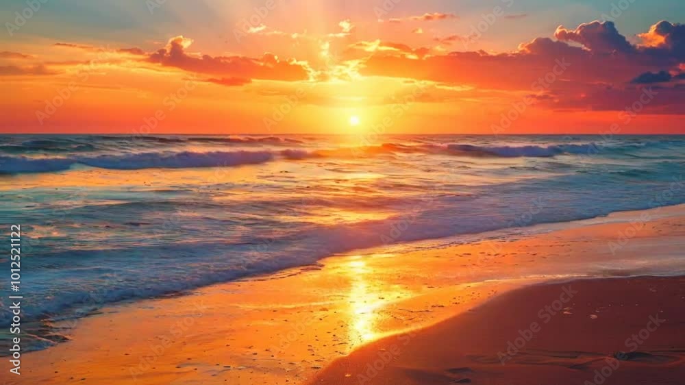 A vibrant sunset over the ocean, casting golden reflections on the waves and sandy shore. A vibrant sunset over the ocean, casting golden reflections on the waves and sandy shore.