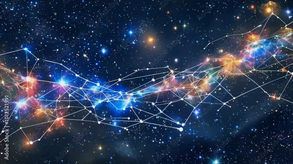 A cosmic scene depicting stars and colorful connections in a vast galaxy. A cosmic scene depicting stars and colorful connections in a vast galaxy.