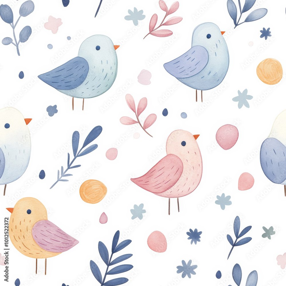 Seamless pattern with pastel-colored birds and light floral elements. Perfect for children's designs and soft decor. Seamless pattern with pastel-colored birds and light floral elements. Perfect for children's designs and soft decor.