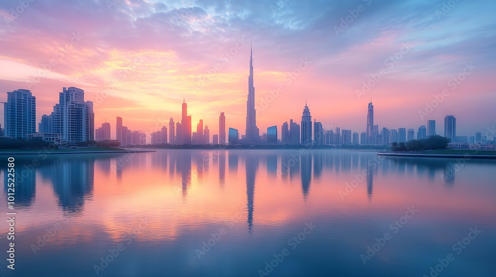 Obraz premium A modern city skyline with a lake in the foreground sunset background