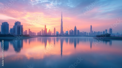 A modern city skyline with a lake in the foreground sunset background