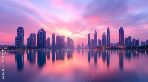 A city skyline at sunset with colorful clouds reflected in the water with the city skyline in the background
