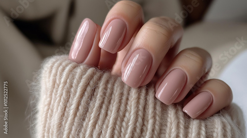 close-up of a left hand with pink-beige glossy nail polish, shown from the second knuckle bent photo