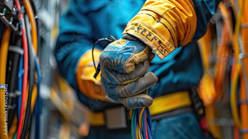 Skilled Electrician Installing Cable with Tool on Construction Site