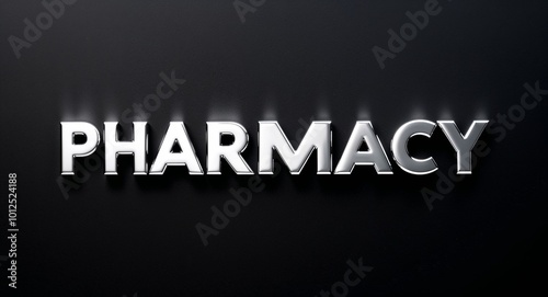 Pharmacy silver shining shiny solid metallic lettering on plain black background