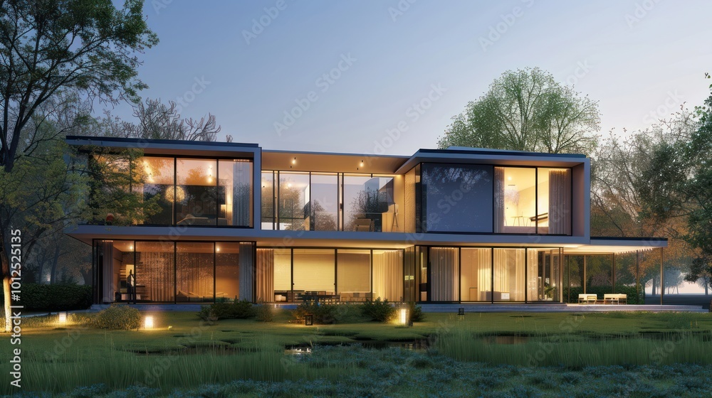 Obraz premium Modern House With Large Windows and a Pool