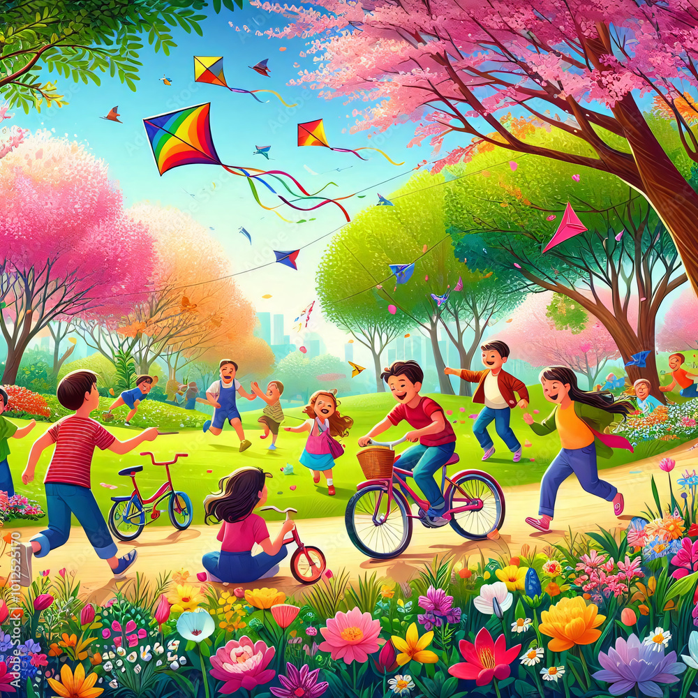 Vibrant park scene with people, kites, and city backdrop Vibrant park scene with people, kites, and city backdrop