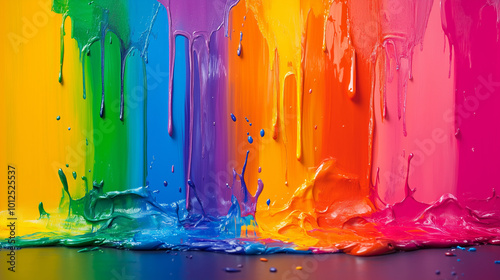 Colorful paint dripping down. Abstract background with rainbow colors.