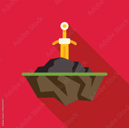 Golden sword standing on a rock on floating land icon in flat style on a red background