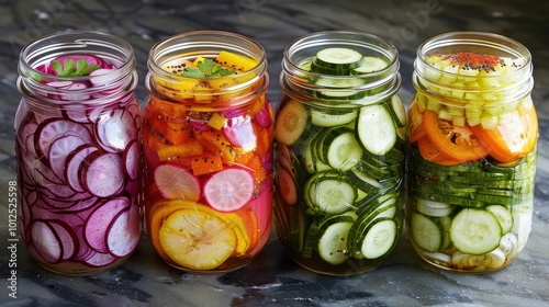 Colorful jars of pickled vegetables on a kitchen countertop