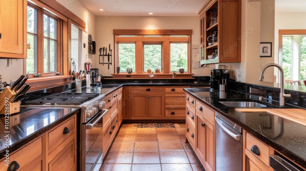 Fototapeta premium Modern kitchen with black granite countertops, wood cabinets, and stainless steel appliances.
