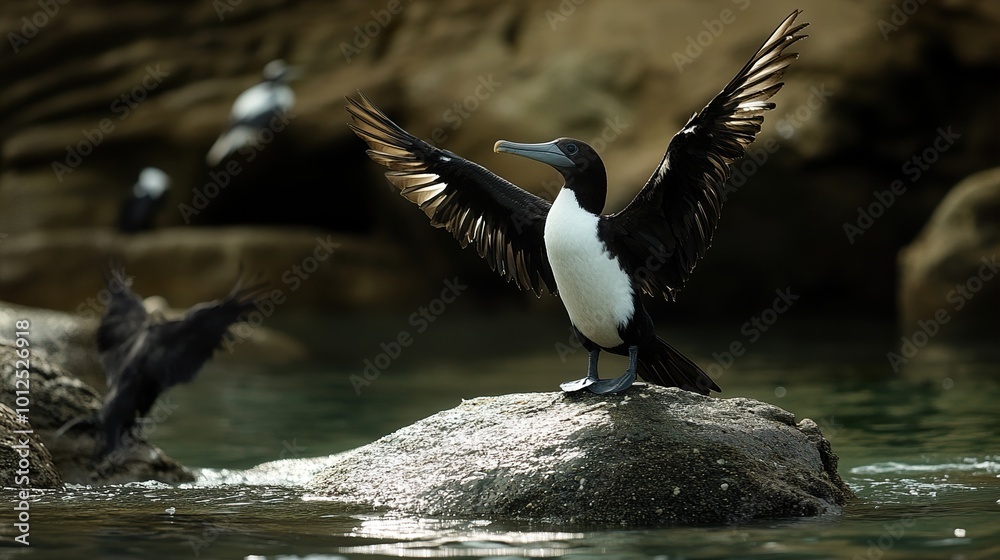 Fototapeta premium Cormorant with Spread Wings on a Rocky Shore