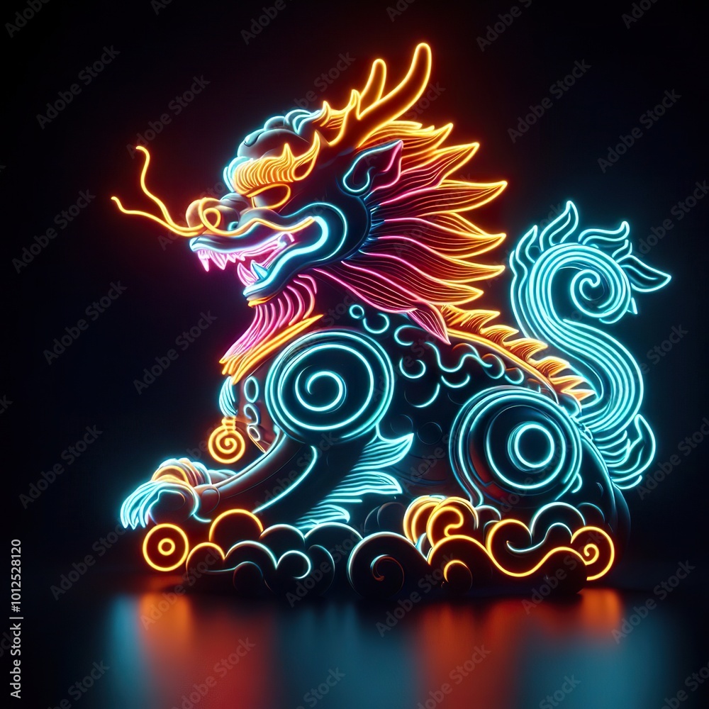 A beautiful Kylin statue is depicted on a black background, rendered in 3D with neon lights A beautiful Kylin statue is depicted on a black background, rendered in 3D with neon lights