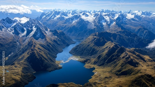 Aerial View of a Serpentine Lake Winding Through a Majestic Mountain Range