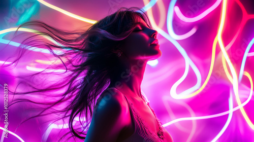 beautiful woman dacing in neon light background photo