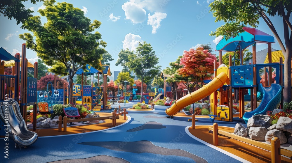 A 3D cartoon playground designed for children of all abilities, featuring adaptive equipment and joyful interactions 3D cartoon A 3D cartoon playground designed for children of all abilities, featuring adaptive equipment and joyful interactions 3D cartoon